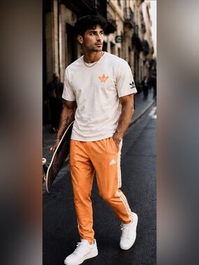 Adidas 2-Piece Set | Orange Track Pants + Cream Graphic T-Shirt